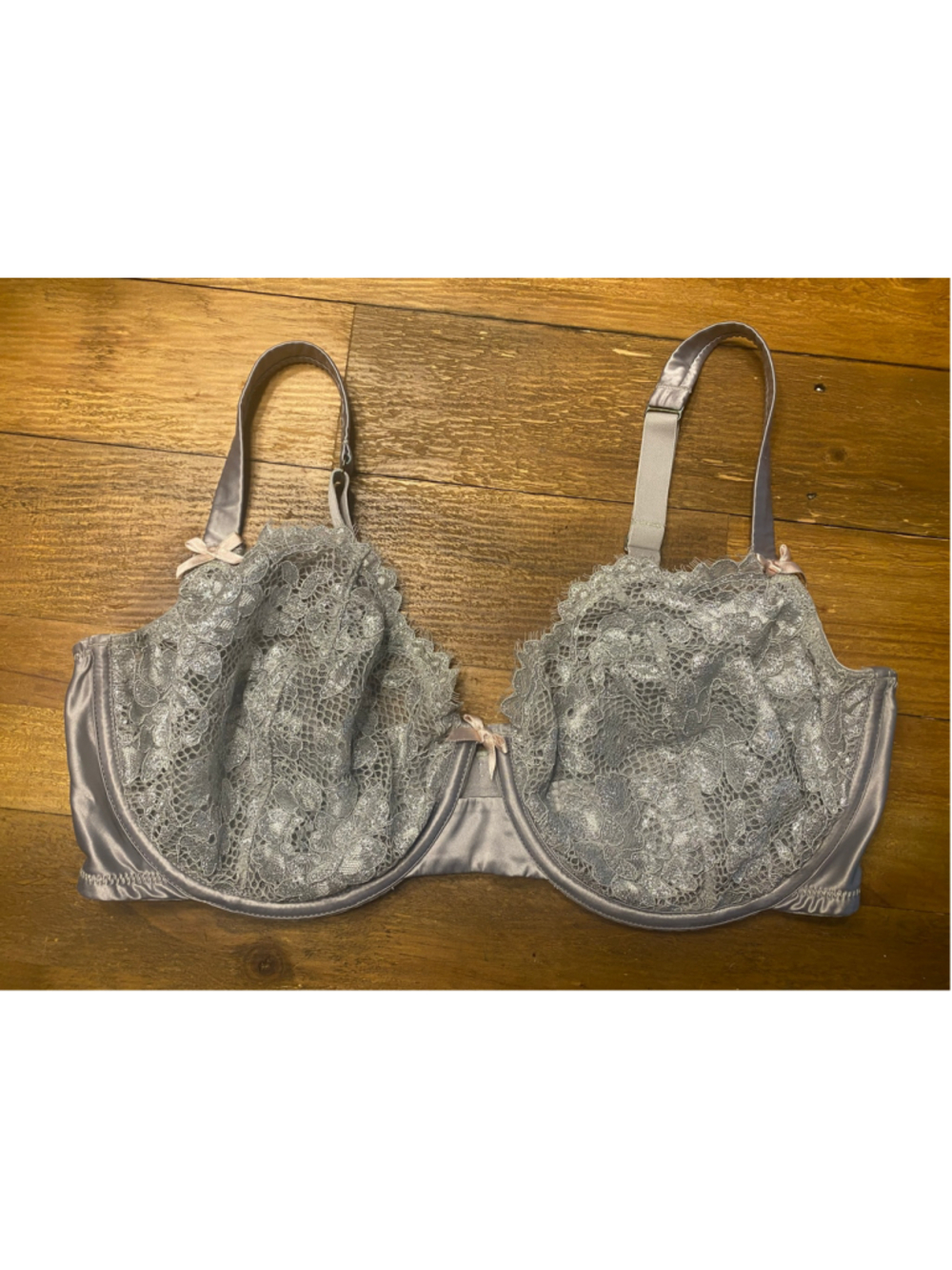 Cacique 38DDD Unlined Balconette Bra Silver Grey Glitter Lace sexy lingerie